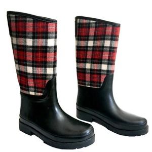 red plaid rain boots